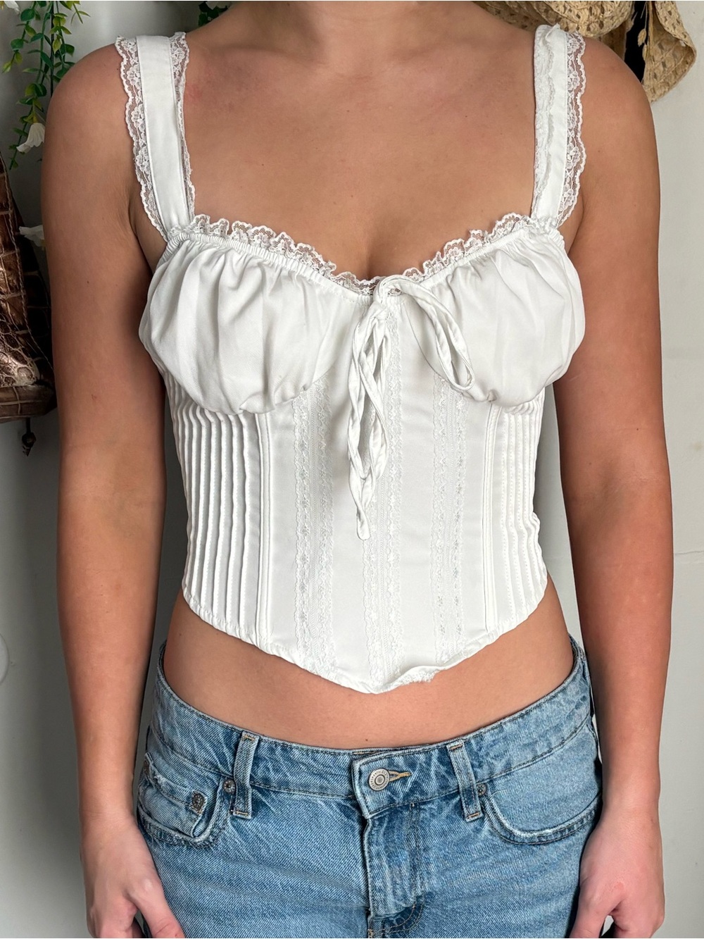 Fashion Nova White Lace-Trim Corset Camisole